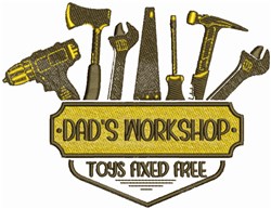 Vintage tools collection for 'DAD'S WORKSHOP' in shades of yellow and dark gray, perfect for Father's Day decor.