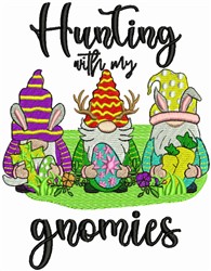 Colorful gnome trio with multicolored hats, holding Easter eggs amidst vibrant grass and flowers for a festive celebration.