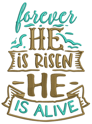 Text with religious message featuring uplifting phrases 'HE is risen' and 'HE IS ALIVE' in playful teal and gold styles, deco