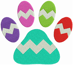 Colorful paw print with a zigzag pattern, surrounded by vibrant Easter eggs in pink, purple, and green.