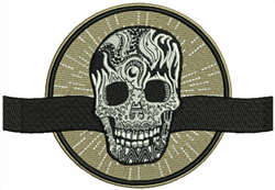 Vintage graphic patch featuring a detailed skull against a geometric background, with a bold black band.