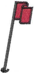 Minimalist red flag with a bold black outline on a slender pole, perfect for contemporary embroidery designs.