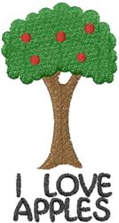 Playful apple tree in vibrant colors with red apples and bold 'I LOVE APPLES' text below, seasonal design.