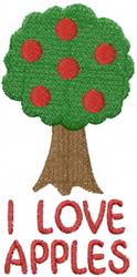 Playful apple tree with red apples and a brown trunk, featuring 'I LOVE APPLES' text, perfect for fall decor.