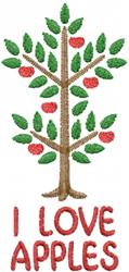Playful apple tree with a brown trunk, red apples, and green leaves, celebrating fall harvest in vibrant design.