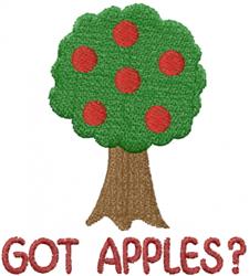 Playful apple tree with a brown trunk, green canopy, and red apples, featuring the text 'GOT APPLES?' in fall style.