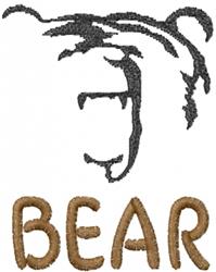 Whimsical bear's face in dark gray with bold 'BEAR' text in light brown, perfect for cozy fabric projects.