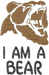 Bold bear face in rich brown tones with playful expression, featuring 'I AM A BEAR' text below.