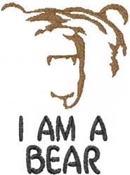 Playful bear face in warm brown with a prominent snout and ears, features text 'I AM A BEAR' below.