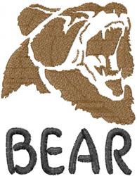 Bold bear head in brown with a light outline, featuring the word 'BEAR' below in darker thread. Simple design.