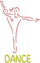 Dancer silhouette in vibrant red thread with 'DANCE' in bright yellow, playful minimalist style for dance events.