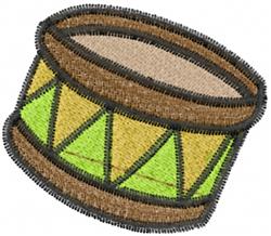 Cartoon drum with a brown body, vibrant green patterns, and a tan top, perfect for playful designs.