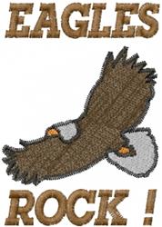 Whimsical eagle in flight with detailed brown and gray feathers, bright yellow eyes, and bold 'EAGLES ROCK !' text.