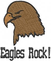 Bold eagle head design in warm brown shades with an expressive beak, featuring 'Eagles Rock!' in black thread.