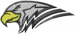 Modern eagle head in grey with a bold yellow beak, featuring dynamic black lines illustrating movement.