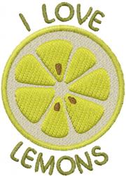 Bright yellow lemon slice with playful green 'I LOVE' and 'LEMONS' text on a white background.