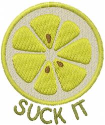 Playful lemon slice with subtle brown seeds and vibrant colors, featuring 'SUCK IT' text in a fun font.