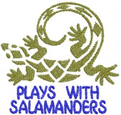 Playful green lizard with a curling tail and blue text 'PLAYS WITH SALAMANDERS' in a fun embroidery design.