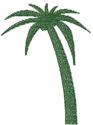 Stylized palm tree with elongated green leaves atop a slender trunk, perfect for tropical decor.