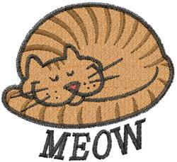 Playful cartoon sleeping cat curled in a shell, with warm brown hues and bold 'MEOW' text below.