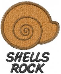 Whimsical snail shell in light brown with smooth texture, featuring bold text 'SHELLS ROCK' beneath.