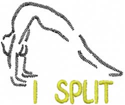 Minimalistic line art of a person doing a split stretch in black thread, with 'I SPLIT' in bold yellow text.