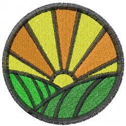 Sunrise over fields with bright orange and yellow rays, featuring vibrant rolling green landscapes, modern and cheerful style