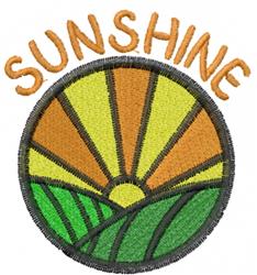 Colorful sun with yellow and orange rays over lush green fields, embodying a cheerful spring ambiance.
