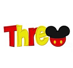 Applique design featuring the word 'Three' in vibrant red and yellow, with Mickey Mouse's head as the letter 'o'.