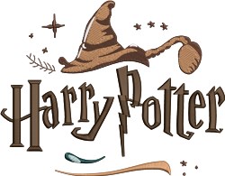 Applique sorting hat design above bold 'Harry Potter', adorned with whimsical stars, perfect for children's items.