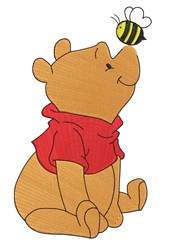 Cartoon bear wearing a red shirt, playfully interacting with a hovering bee, perfect for whimsical embroidery.