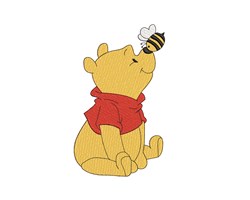 Cheerful yellow bear in a red shirt gazing at a black and yellow bee, playful cartoon style.