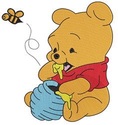 Playful bear in a red shirt joyfully enjoying honey from a blue pot, with a buzzing bee above.