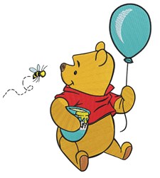 Playful cartoon bear wearing a red scarf, holding a light blue balloon with a hovering bee nearby.
