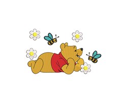 Cartoon bear in a red shirt surrounded by white flowers and blue bees, creating a playful atmosphere.
