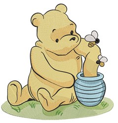 Cute yellow bear with subtle expression sitting on green grass next to a blue pot, surrounded by buzzing bees.