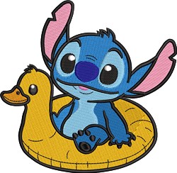 A cheerful blue alien with big eyes sits on a vibrant yellow duck float, showcasing playful cartoonish style.