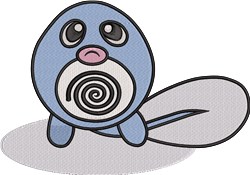 Cartoon blue seal with a spiral design on its belly, big eyes, and a pink nose, perfect for children's decor.