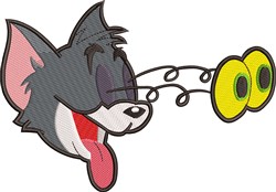 Playful cartoon cat head with wide yellow eyes and tongue out, featuring gray fur. Fun detail for children's items.