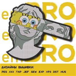 Playful bust of a classical statue with cartoon eyes, mouth, and a colorful band, perfect for humorous embroidery.