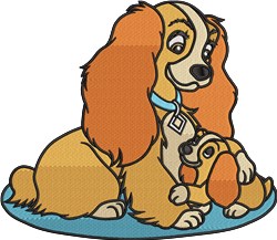 Cartoon Cocker Spaniel with orange fur and a blue collar cuddles with a puppy on a light blue mat.