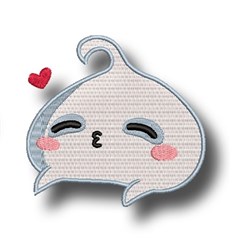 Cute cartoon ghost with a smiling face and blushing cheeks, hovering red heart, whimsical design.