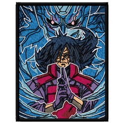 Dark haired warrior in pink armor against a bold blue backdrop with black outlines, comic style.
