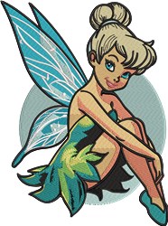 Cartoon fairy with vibrant green dress and intricate blue wings, playfully seated against a whimsical backdrop.