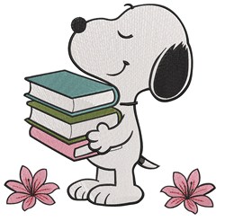 Cheerful cartoon dog holding colorful books surrounded by pink flowers, perfect for playful machine embroidery.