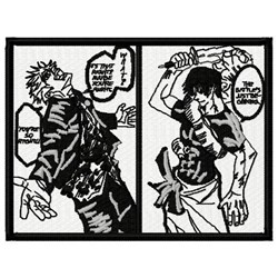 Dynamic comic book characters in bold black and white outline art showcase distress and intensity in a split panel layout.