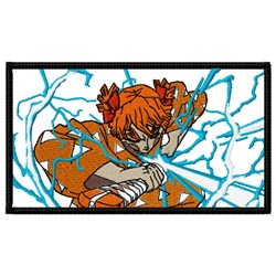 Vibrant comic style female character with orange hair unleashing lightning on an abstract white and blue background.