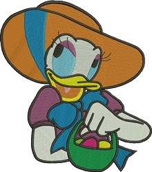 Playful female character in a sunhat joyfully pointing while holding a basket of colorful eggs for Easter.