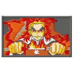 Fiery character with long orange hair and sword, surrounded by vibrant flames. A dynamic, detailed fantasy scene.