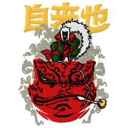 Mythical fox creature in colorful robes rests on a bold red mask, with gold Japanese text above, ideal for embroidery.